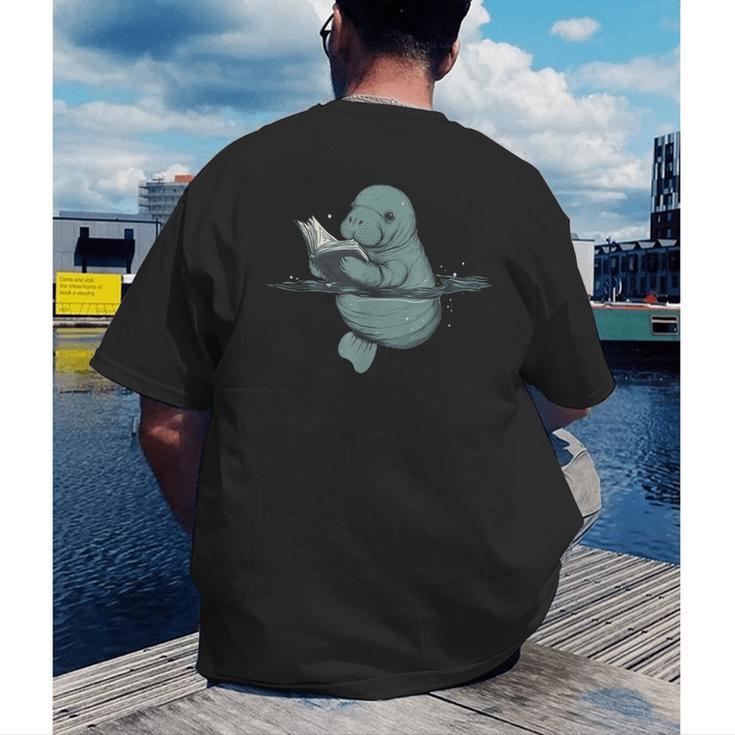 Manatee Reading Book Bookworm Manatees Ocean Animal Lover Men's Back Print T-Shirt Manatee Reading Book Bookworm Manatees Ocean Animal Lover Men's Back Print T-Shirt