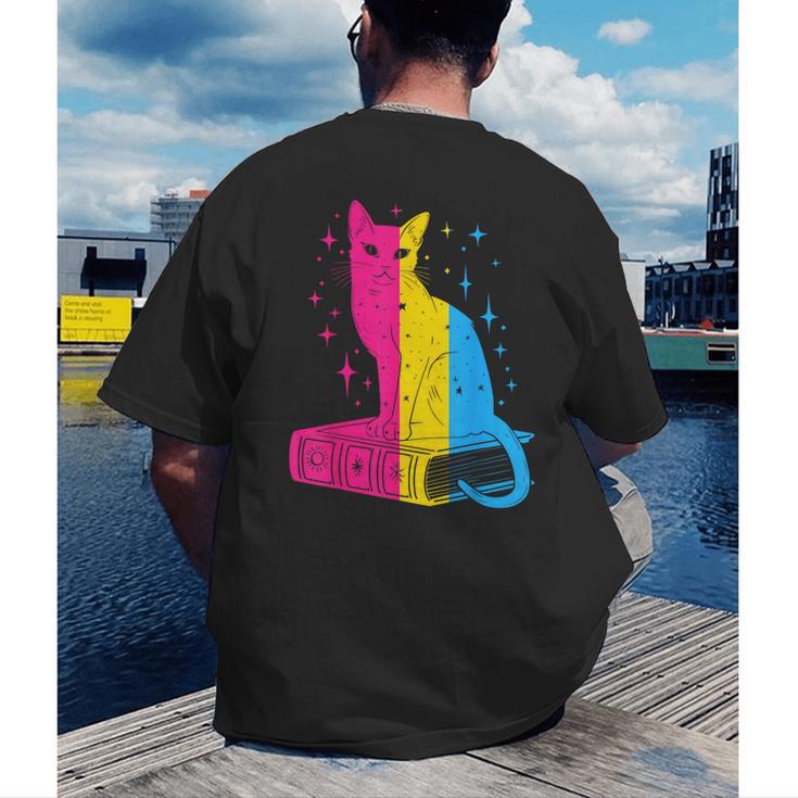 Pansexual Pride Celestial Cat Sitting Book LGBTQ Pan Colors Men Women Men's Back Print T-Shirt Pansexual Pride Celestial Cat Sitting Book LGBTQ Pan Colors Men Women Men's Back Print T-Shirt