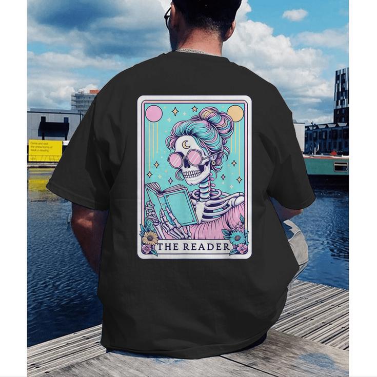 The Reader Retro Reading Skeleton Books Flowers Tarot Card Men's Back Print T-Shirt The Reader Retro Reading Skeleton Books Flowers Tarot Card Men's Back Print T-Shirt