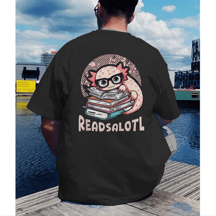 Readsalotl Axolotl Reading Books Glasses Bookworm Pun Fun Men's Back Print T-Shirt Readsalotl Axolotl Reading Books Glasses Bookworm Pun Fun Men's Back Print T-Shirt