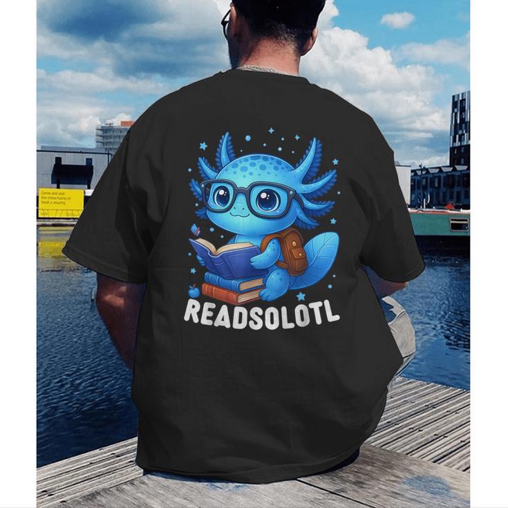 Readsolotl Blue Kawaii Axolotl Book Lover Reading Men's Back Print T-Shirt