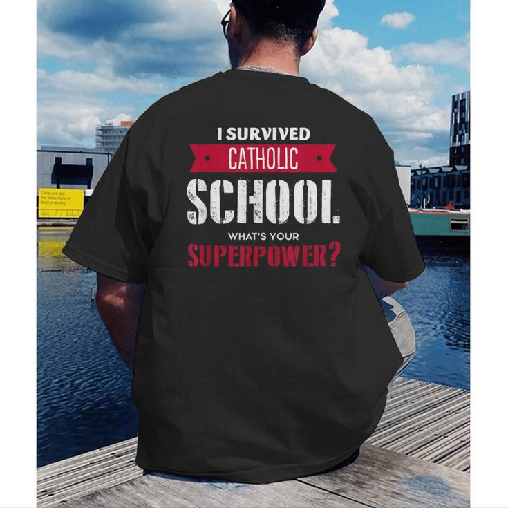 I Survived Catholic School Shirt Catholic Graduation Men's Back Print T-Shirt