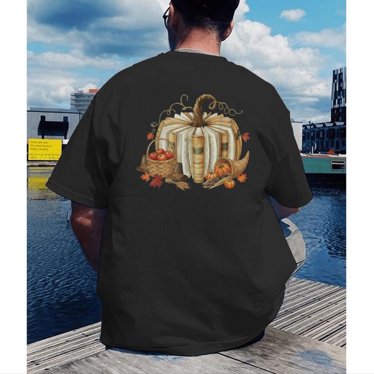 Teacher Book Pumpkin Fall Reading Thanksgiving Autumn Men's Back Print T-Shirt