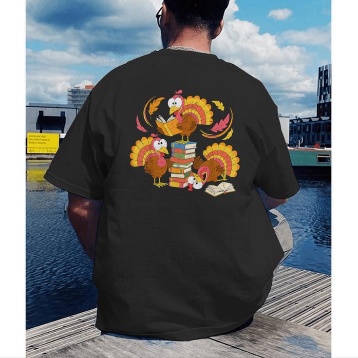 Turkey Reading Books Fall Thanksgiving Teacher Librarian Men's Back Print T-Shirt Turkey Reading Books Fall Thanksgiving Teacher Librarian Men's Back Print T-Shirt
