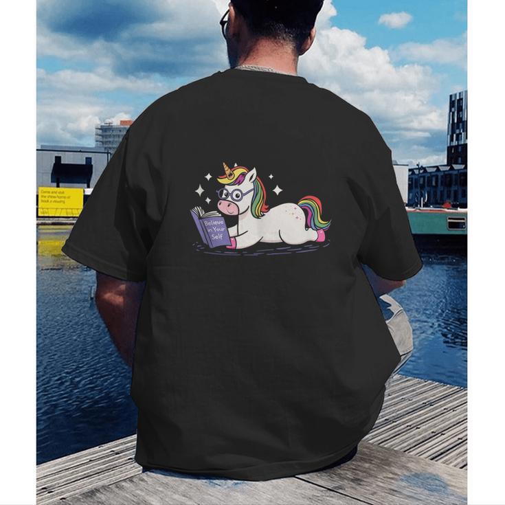 Unicorn Bookworm Believe In Yourself Cute And Inspirational Men's Back Print T-Shirt