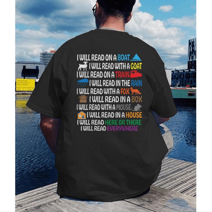I Will Read Books On A Boat & Everywhere Reading Kids Book Men's Back Print T-Shirt