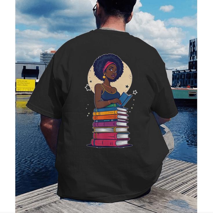 Woman And Books Stack Afro Girl Reading Lover Men's Back Print T-Shirt Woman And Books Stack Afro Girl Reading Lover Men's Back Print T-Shirt