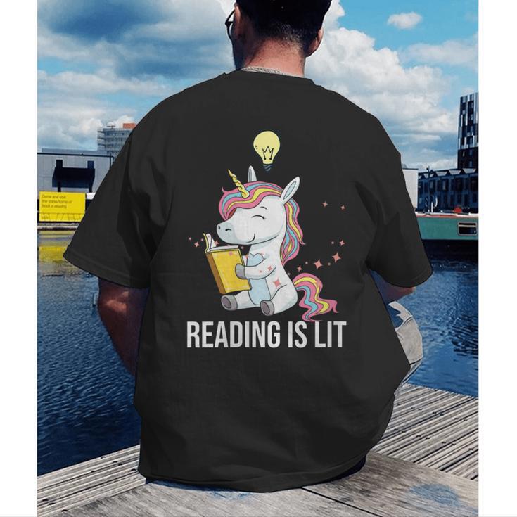 Women's Reading Is Lit Unicorn Library English Teacher Book Lover Men's Back Print T-Shirt Women's Reading Is Lit Unicorn Library English Teacher Book Lover Men's Back Print T-Shirt