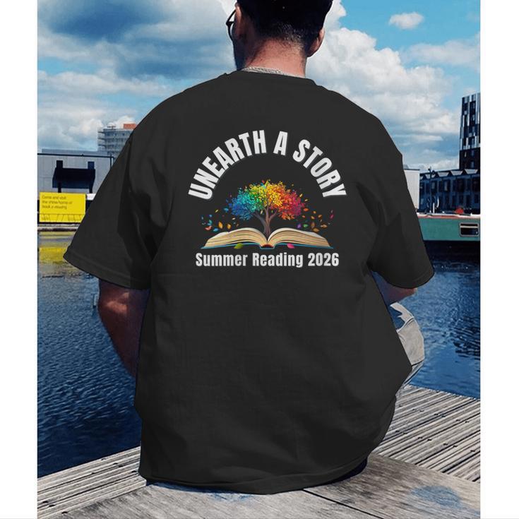 Women's Unearth a Story 2026 Summer Reading Program Tree Book Men's Back Print T-Shirt