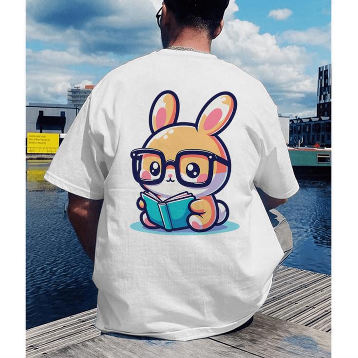 Adorable Book Lover Rabbit With Reading Glasses Cute Premium Men's Back Print T-Shirt