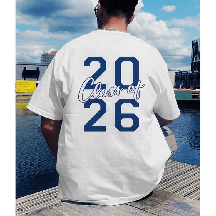 Class Of 2026 Graduation Varsity Navy Blue Letters Premium Tri-Blend Men's Back Print T-Shirt