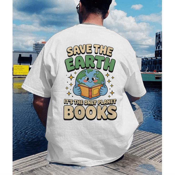 Earth Day Save Earth It´s Only Planet With Books Reader Men's Back Print T-Shirt