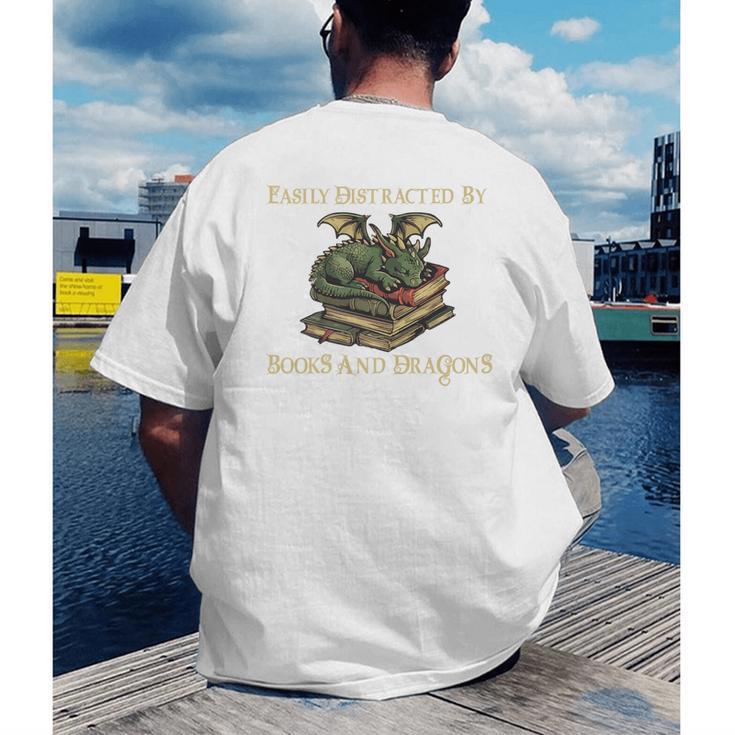 Easily Distracted By Books And Dragons Graphic Premium Men's Back Print T-Shirt
