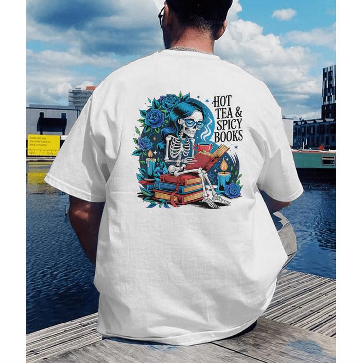 Hot Tea & Spicy Books Skeleton Reader Men's Back Print T-Shirt
