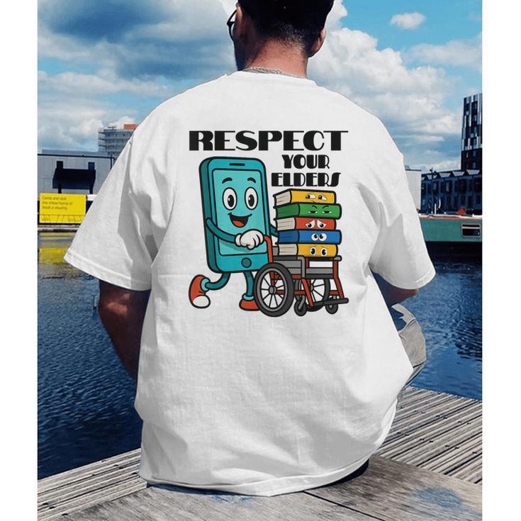 Respect Elders Cellphone Pushing Books In a Wheelchair Men's Back Print T-Shirt