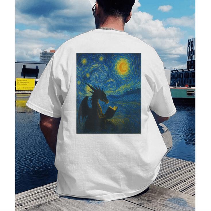 Van Gogh Starry Night Fantasy Reader Dragon Reading Book Men's Back Print T-Shirt Van Gogh Starry Night Fantasy Reader Dragon Reading Book Men's Back Print T-Shirt