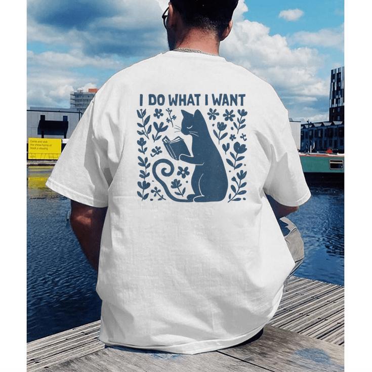 I Do What I Want Cat Reading Book Boho Flowers Vintage Men's Back Print T-Shirt