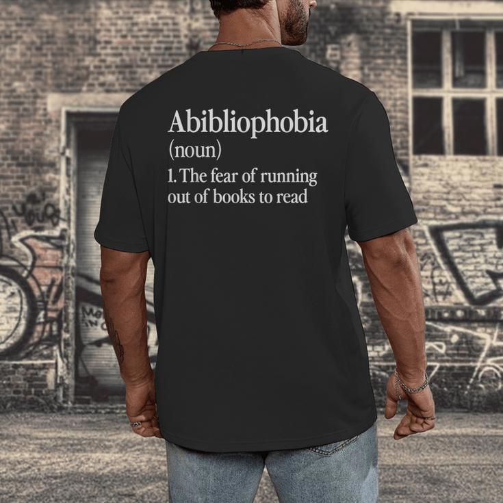 Abibliophobia Definition Reading Book Worm Reader Men's Back Print T-Shirt Abibliophobia Definition Reading Book Worm Reader Men's Back Print T-Shirt