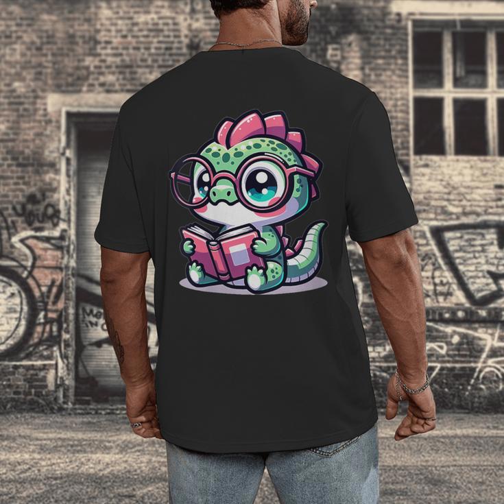 Adorable Book Lover Basilisk With Reading Glasses Cute Men's Back Print T-Shirt
