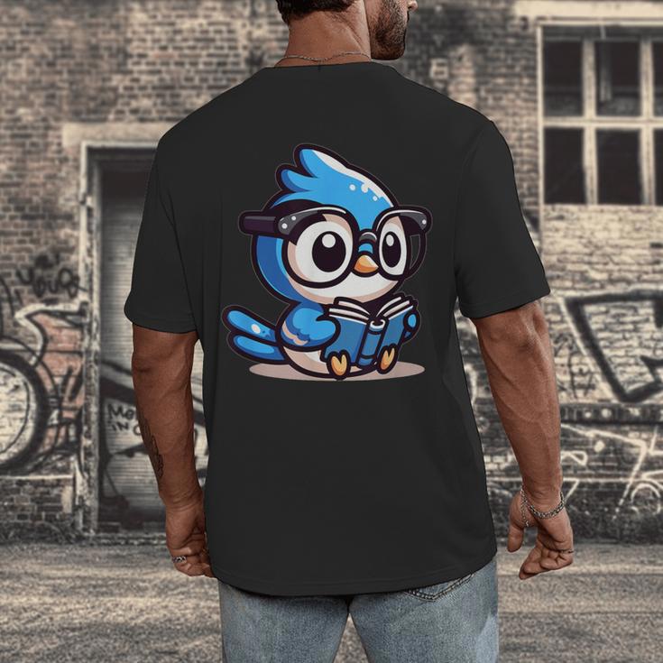 Adorable Book Lover Blue Jay With Reading Glasses Cute Men's Back Print T-Shirt