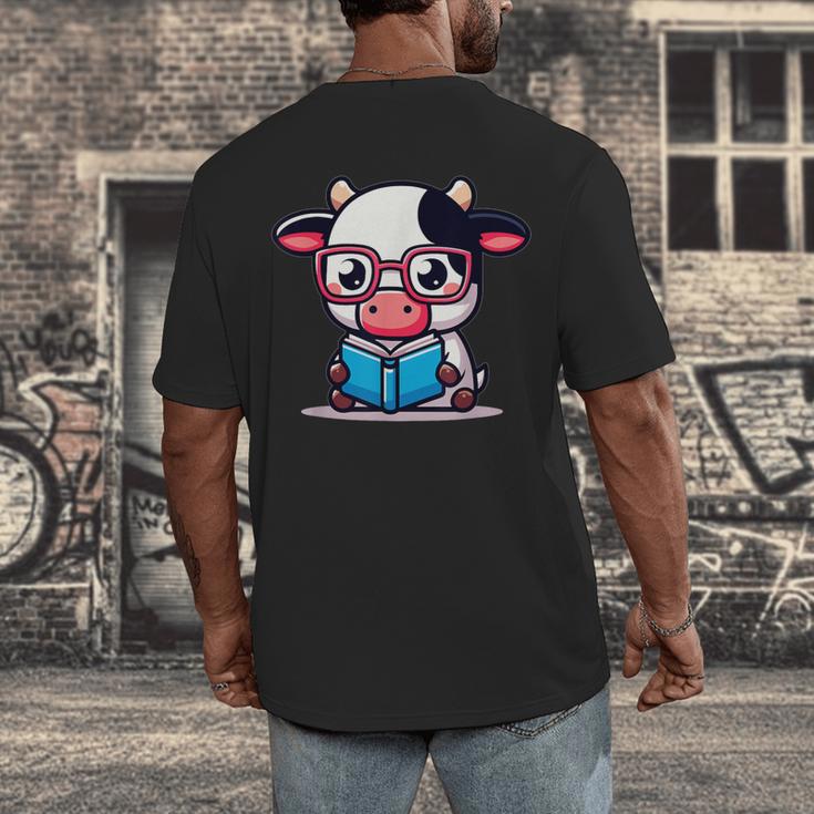 Adorable Book Lover Cow With Reading Glasses Cute Men's Back Print T-Shirt