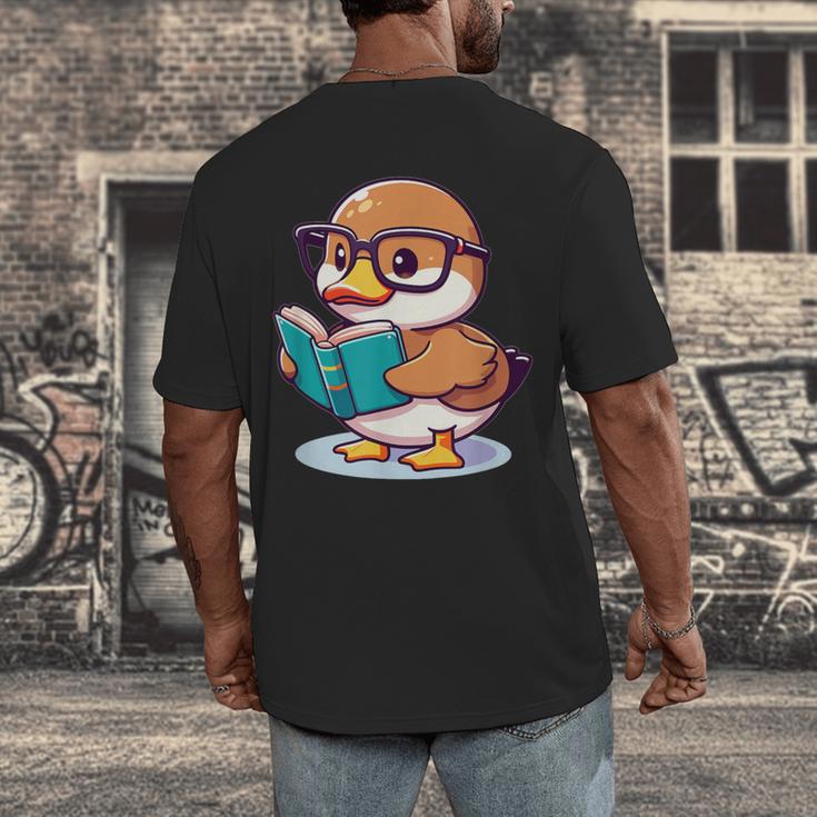 Adorable Book Lover Mallard Duck With Reading Glasses Cute Men's Back Print T-Shirt
