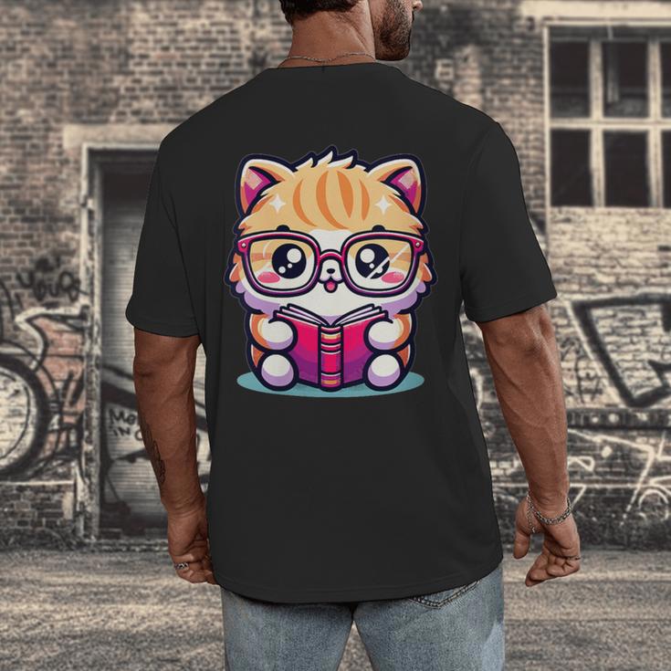 Adorable Book Lover Persian Cat With Reading Glasses Cute Men's Back Print T-Shirt