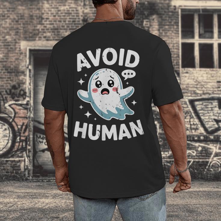 Avoid Humans Cute Kawaii Pastel Ghost Introvert Saying Men's Back Print T-Shirt Avoid Humans Cute Kawaii Pastel Ghost Introvert Saying Men's Back Print T-Shirt