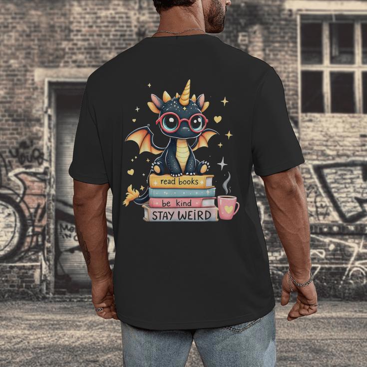 Book Lover Chibi Dragon With Big Red Glasses Bookworm Men's Back Print T-Shirt