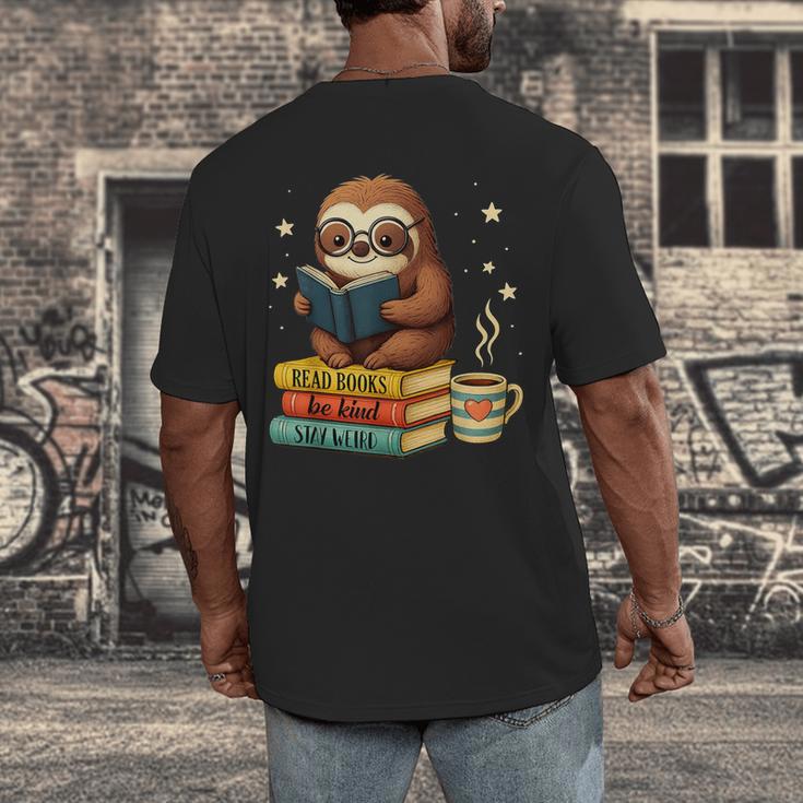 Book Lover Sloth Reading Bookish Library Read Books Be Kind Men's Back Print T-Shirt