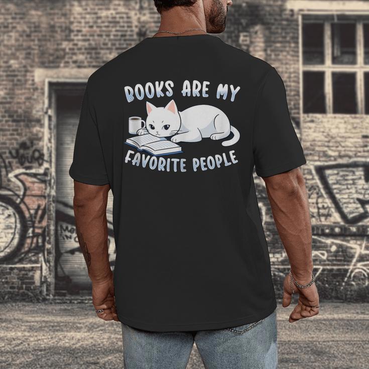 Books Are My Favorite People Cat With Coffee Mug Book Lovers Men's Back Print T-Shirt Books Are My Favorite People Cat With Coffee Mug Book Lovers Men's Back Print T-Shirt