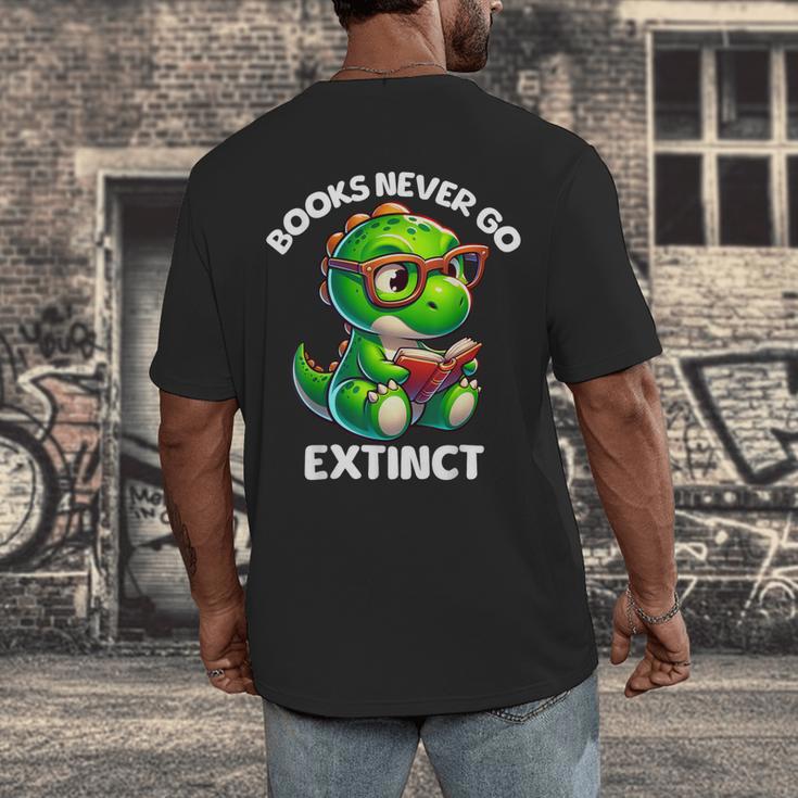 Books Never Go Extinct Reading Dinosaur Bookish Nerdy Men's Back Print T-Shirt Books Never Go Extinct Reading Dinosaur Bookish Nerdy Men's Back Print T-Shirt
