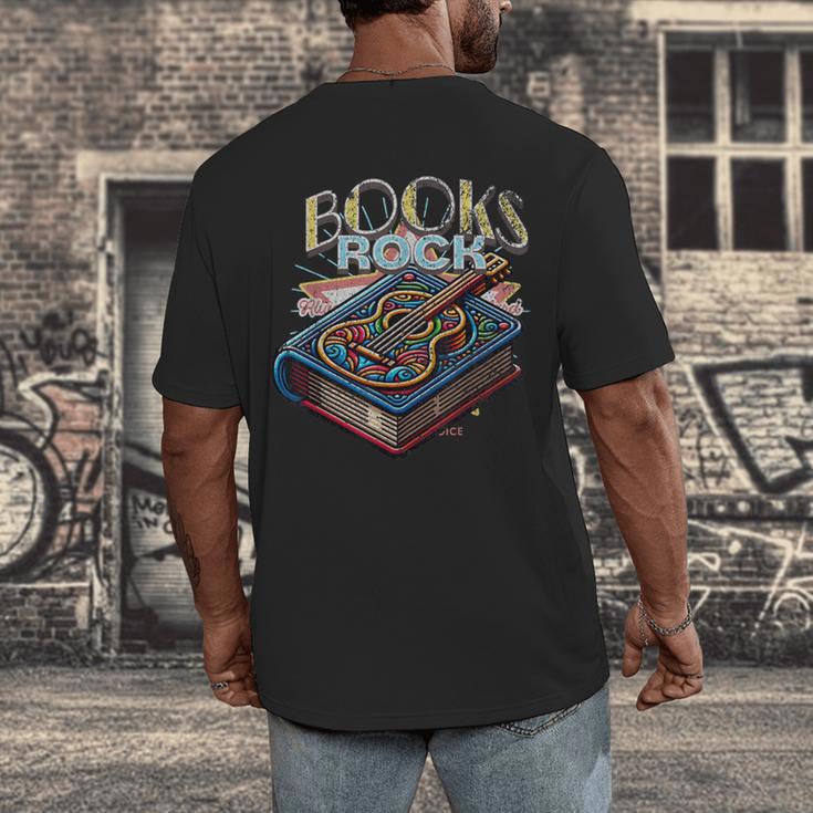 Books Rock Rock'n Roll Science Of Reading Teachers Guitar Men's Back Print T-Shirt Books Rock Rock'n Roll Science Of Reading Teachers Guitar Men's Back Print T-Shirt