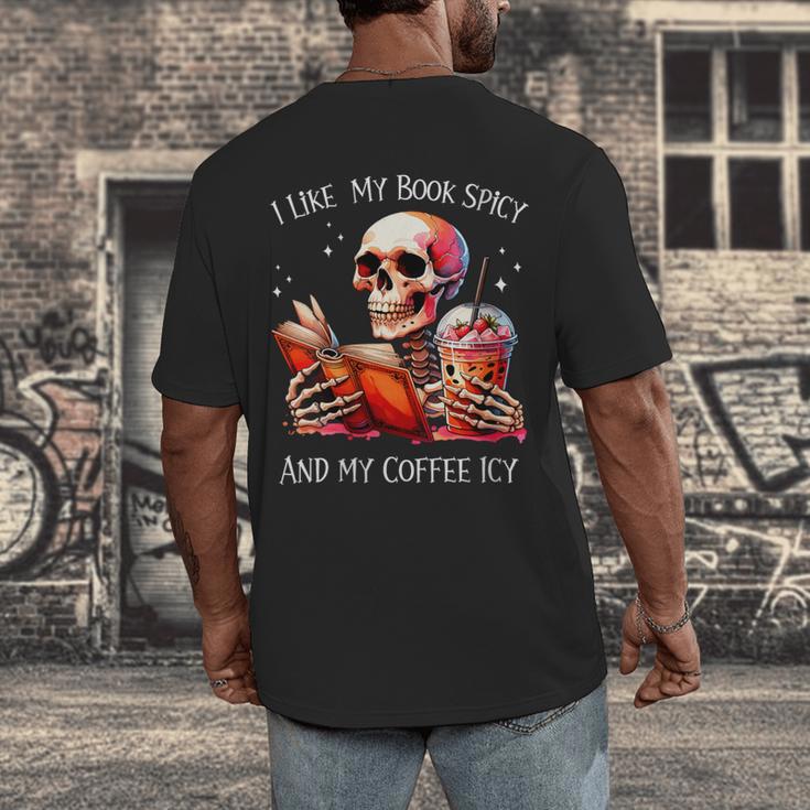 I Like My Books Spicy And My Coffee Icy Skeleton Men's Back Print T-Shirt I Like My Books Spicy And My Coffee Icy Skeleton Men's Back Print T-Shirt