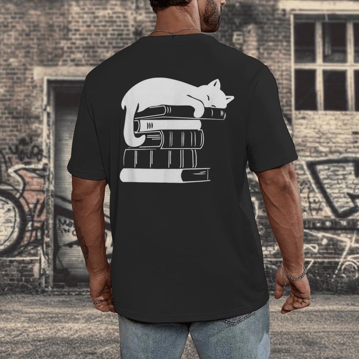 Cat Book Books And Cats Cat Lover Cat Mom Book Lovers Men's Back Print T-Shirt Cat Book Books And Cats Cat Lover Cat Mom Book Lovers Men's Back Print T-Shirt