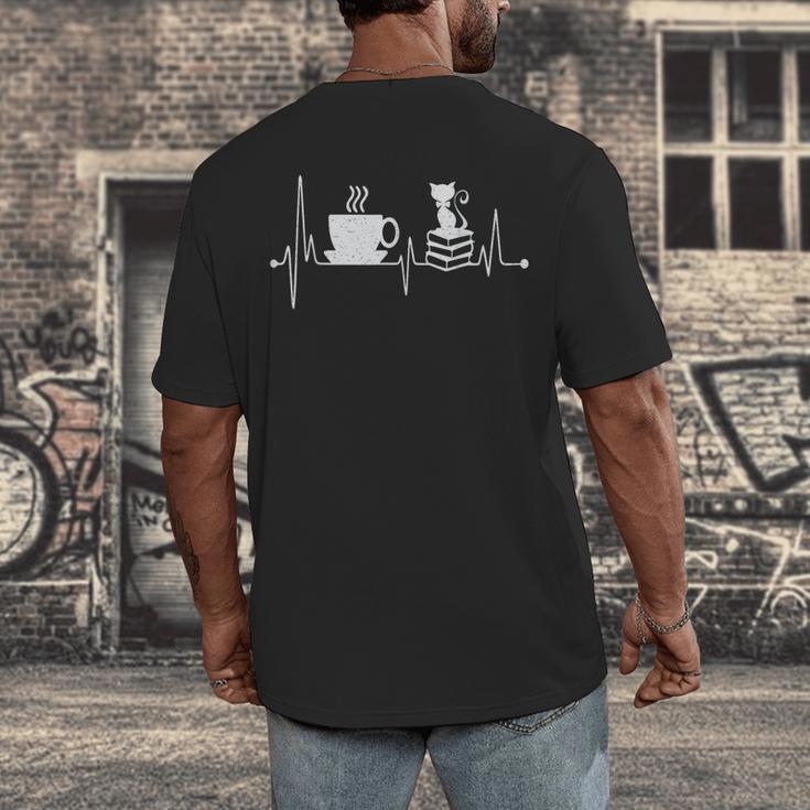 Cat Book Coffee Lover Heartbeat Cat Lover Book Lover Men's Back Print T-Shirt