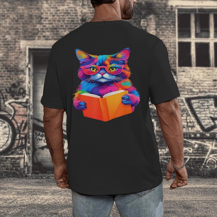 Cat Book Shirt Colorful Cat Reading Book Men's Back Print T-Shirt Cat Book Shirt Colorful Cat Reading Book Men's Back Print T-Shirt