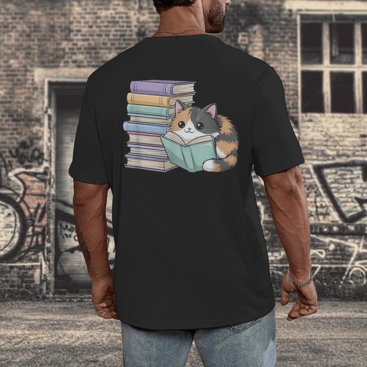 Cat On Books Pets Cats Reading Book Nerd Read Reader Bookcat Men's Back Print T-Shirt
