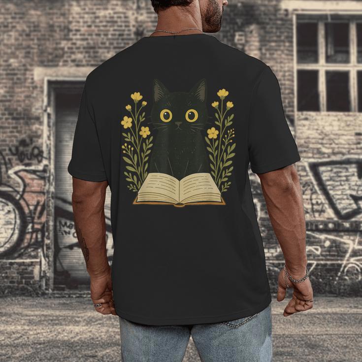 Cat Reading Book Flowers Men's Back Print T-Shirt