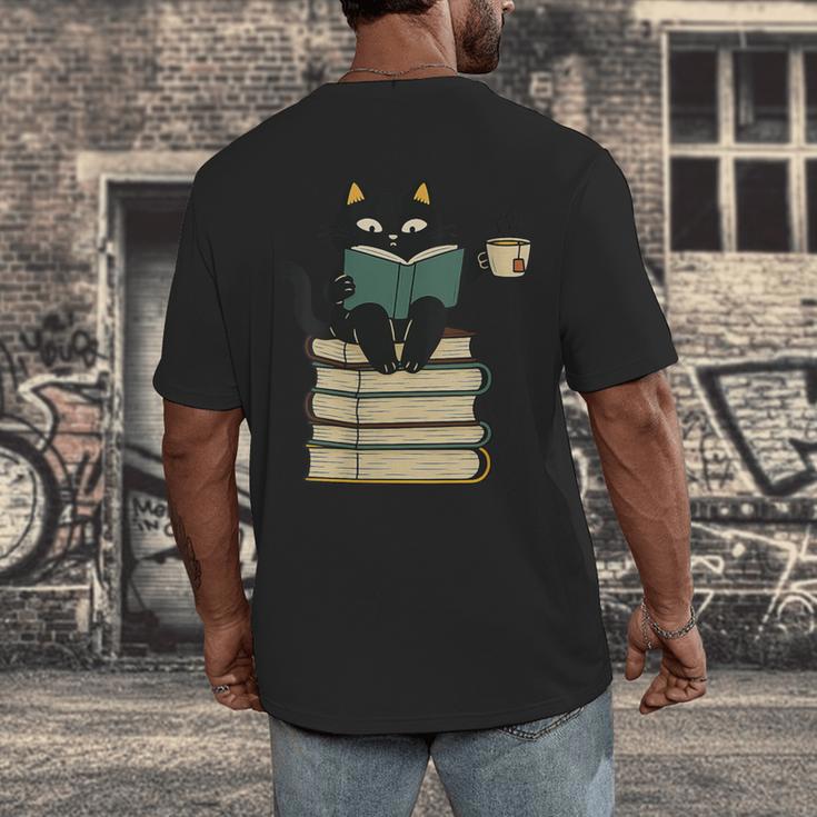 Cat Reading Book Men's Back Print T-Shirt
