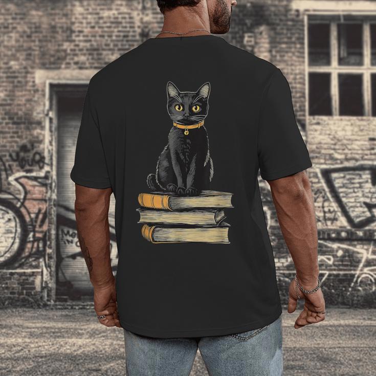 Cat Sitting On Books Men's Back Print T-Shirt