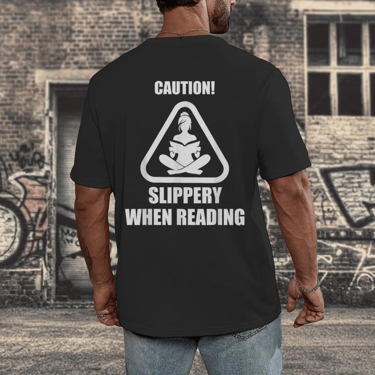Caution Slippery When Reading Book Lover Men's Back Print T-Shirt