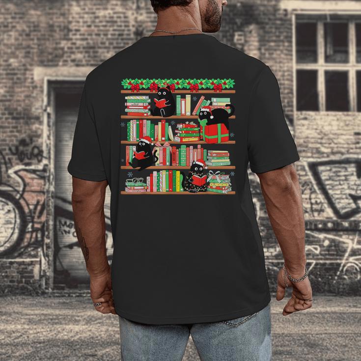 Christmas Cat Santa Bookshelves Book Lover Reader Men's Back Print T-Shirt