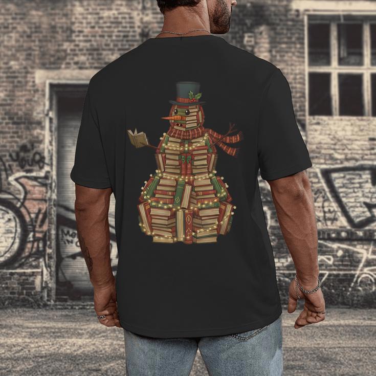 Christmas Snowman Made Of Books Holiday Reading Xmas Men's Back Print T-Shirt