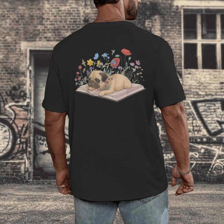 Color Floral Cute Pug Dog On Book Reading Bookworm Reader Men's Back Print T-Shirt