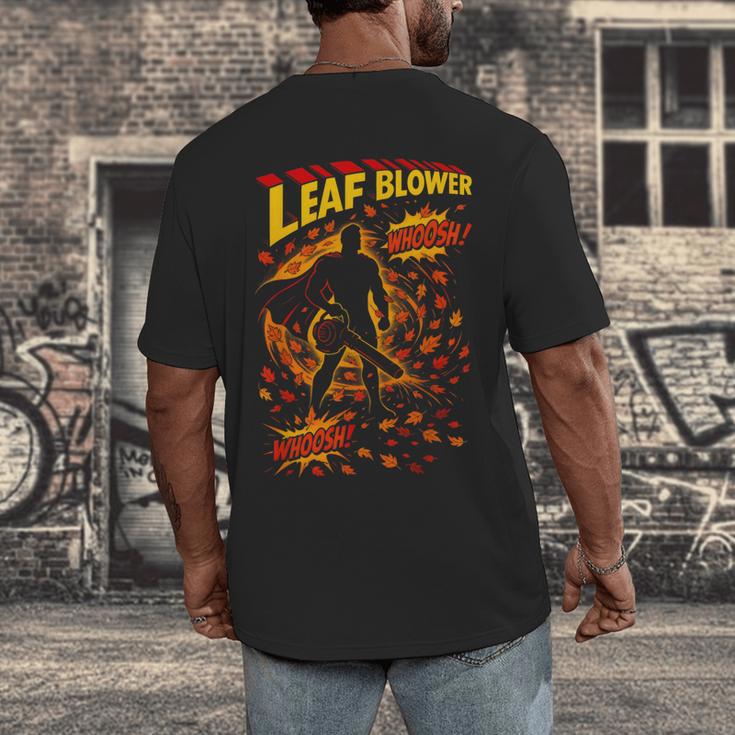 Comic Book Superhero Fall Season Leaf Blower Men's Back Print T-Shirt Comic Book Superhero Fall Season Leaf Blower Men's Back Print T-Shirt
