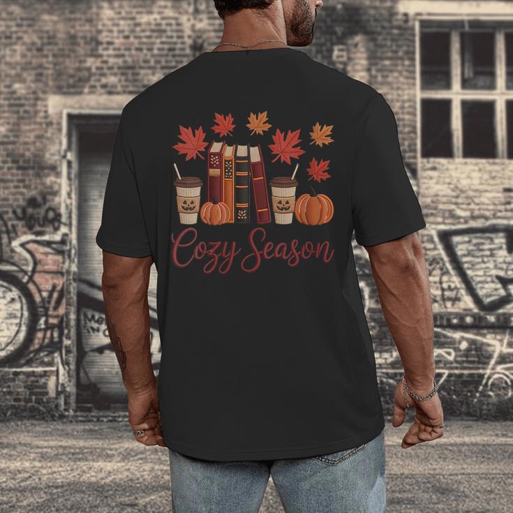 Cozy Season Autumn Leaves Books Pumpkins Fall Halloween Men's Back Print T-Shirt Cozy Season Autumn Leaves Books Pumpkins Fall Halloween Men's Back Print T-Shirt