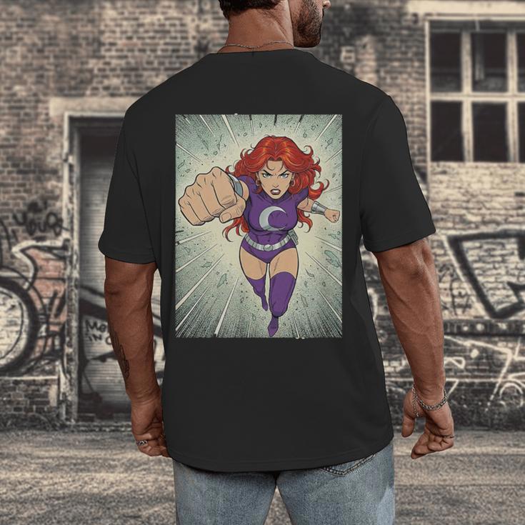 The Crimson Crescent 90s Retro Comic Book Superheroine Art Men's Back Print T-Shirt