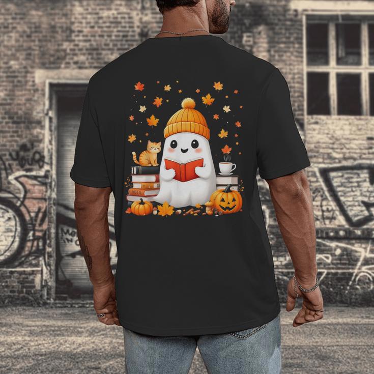 Cute Beanie Ghost Bookworm Cozy Book Reading Halloween Men's Back Print T-Shirt