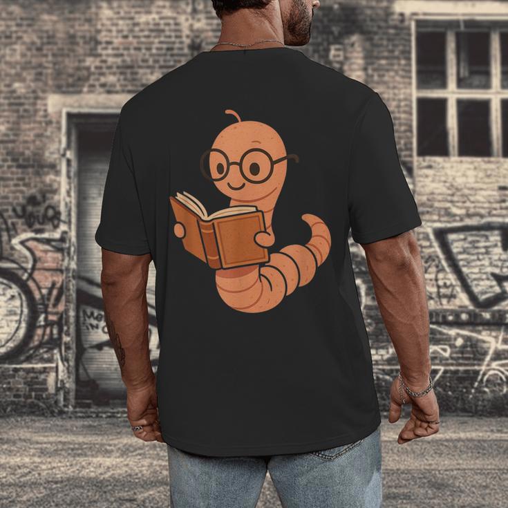 Cute Bookworm Worm Reading Book Glasses Nerdy Men's Back Print T-Shirt
